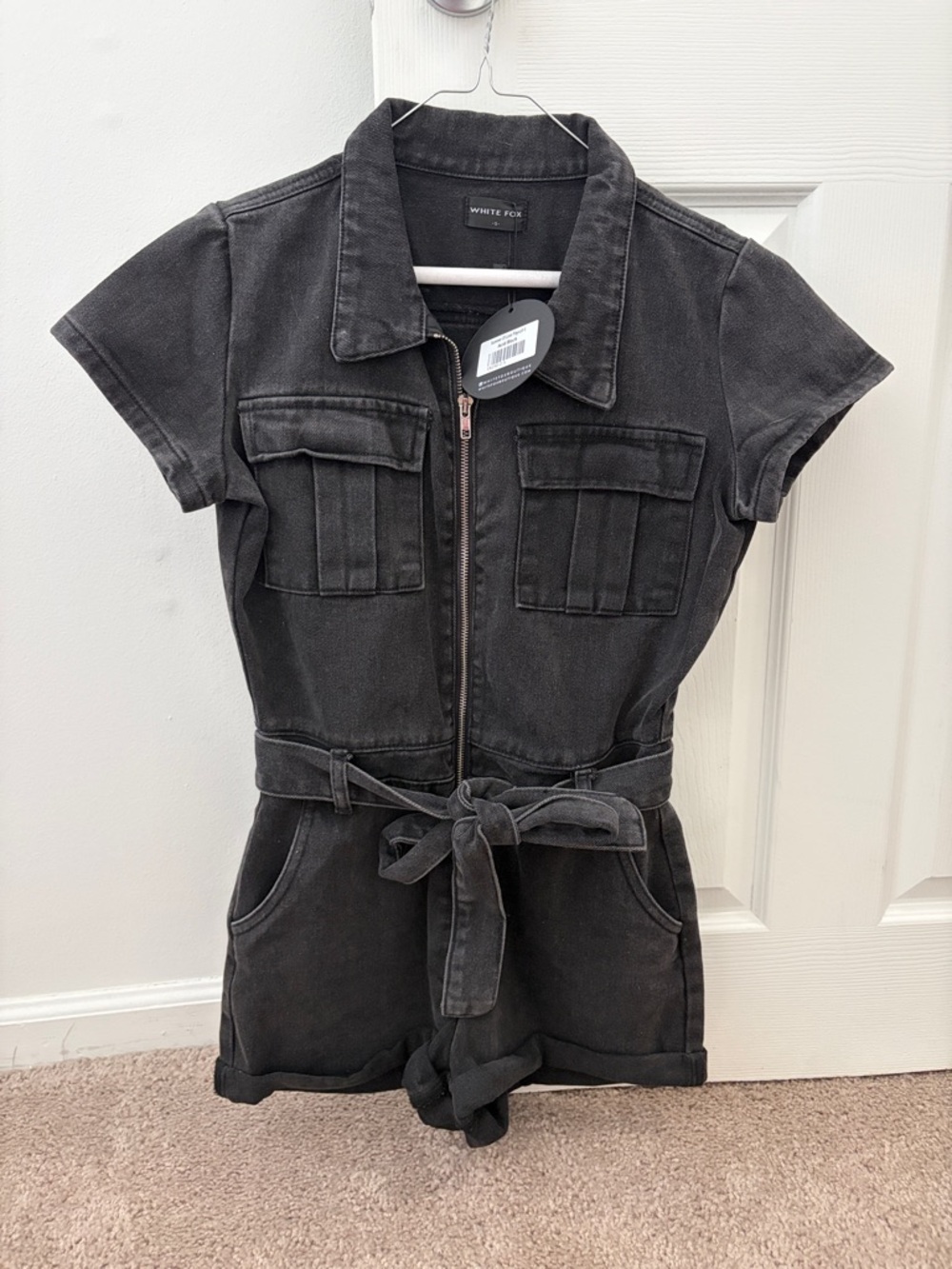 White Fox Black Short Sleeve Denim Romper with Belt